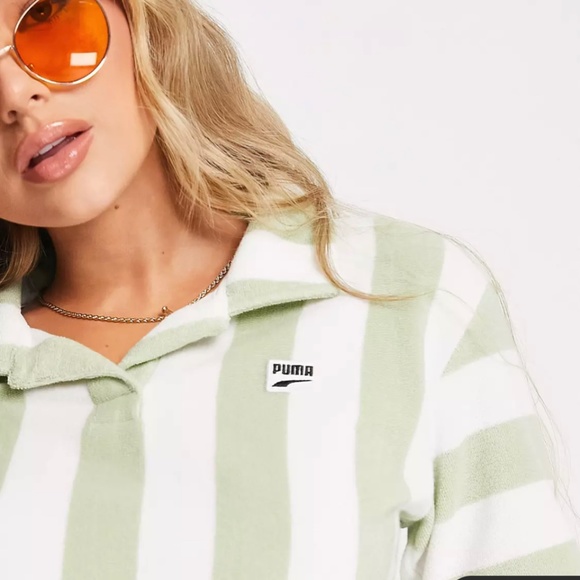 Puma Downtown Towelling Green Stripe Polo Shirt - Picture 2 of 9